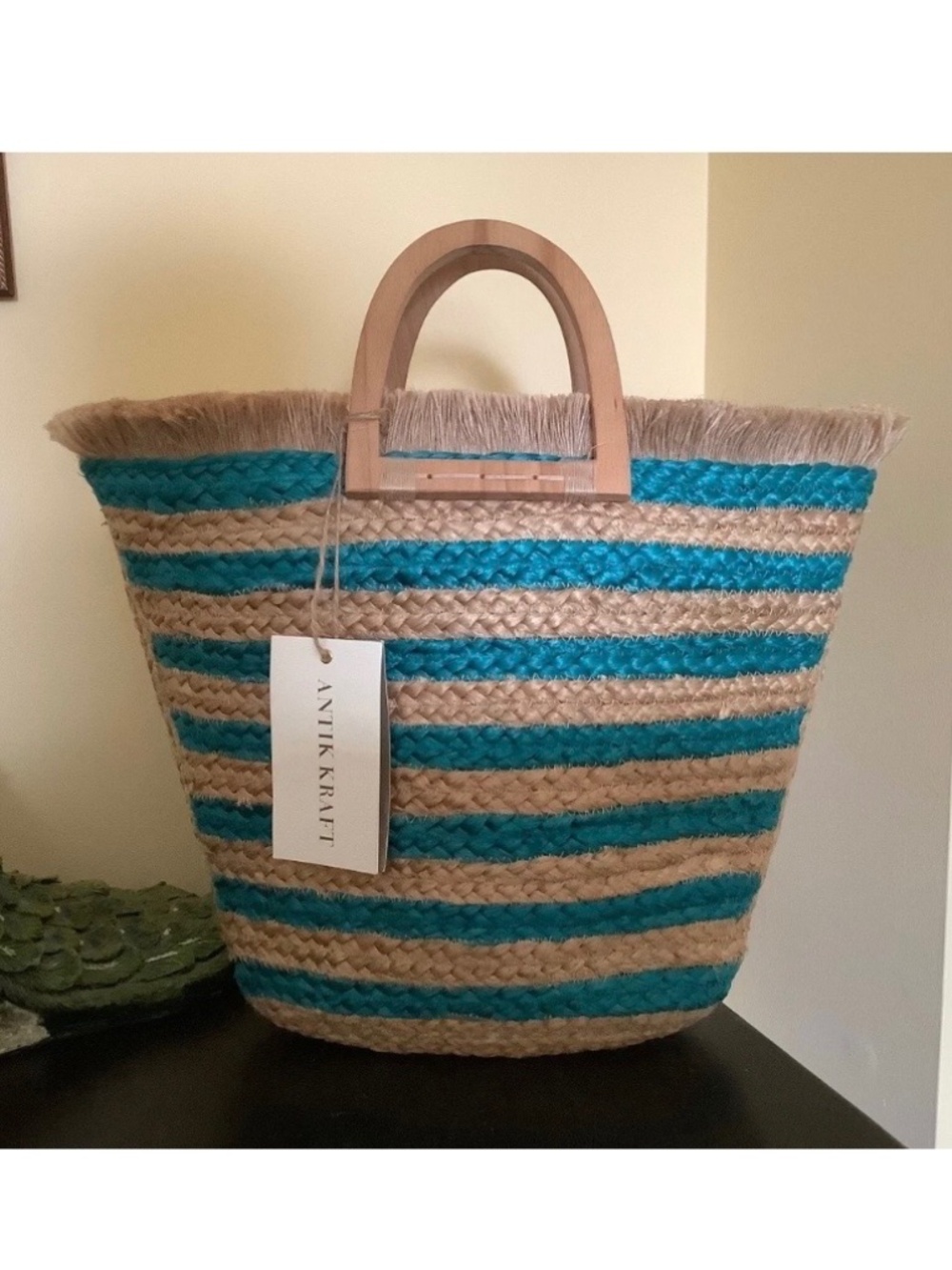 Antik Kraft Stripe Jute Tote Turquoise  OS